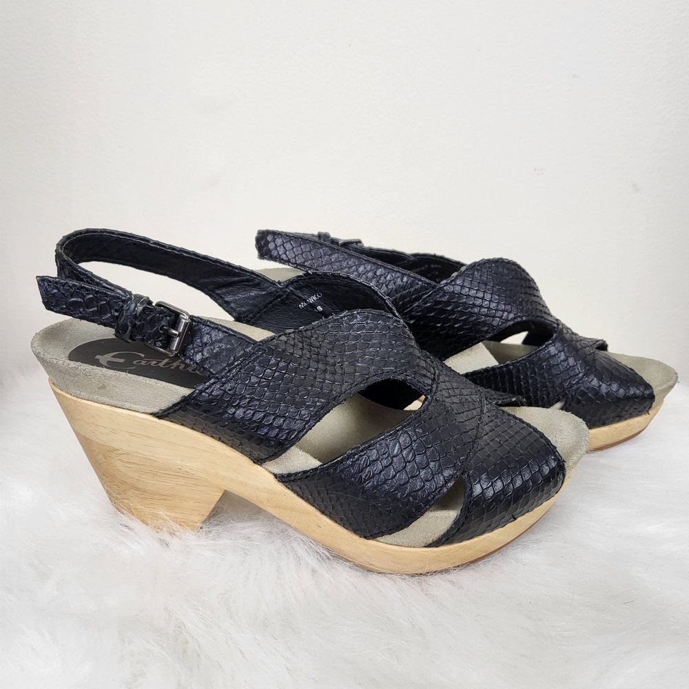 Earthies Monaco black leather wooden platform comfort heels size 6B